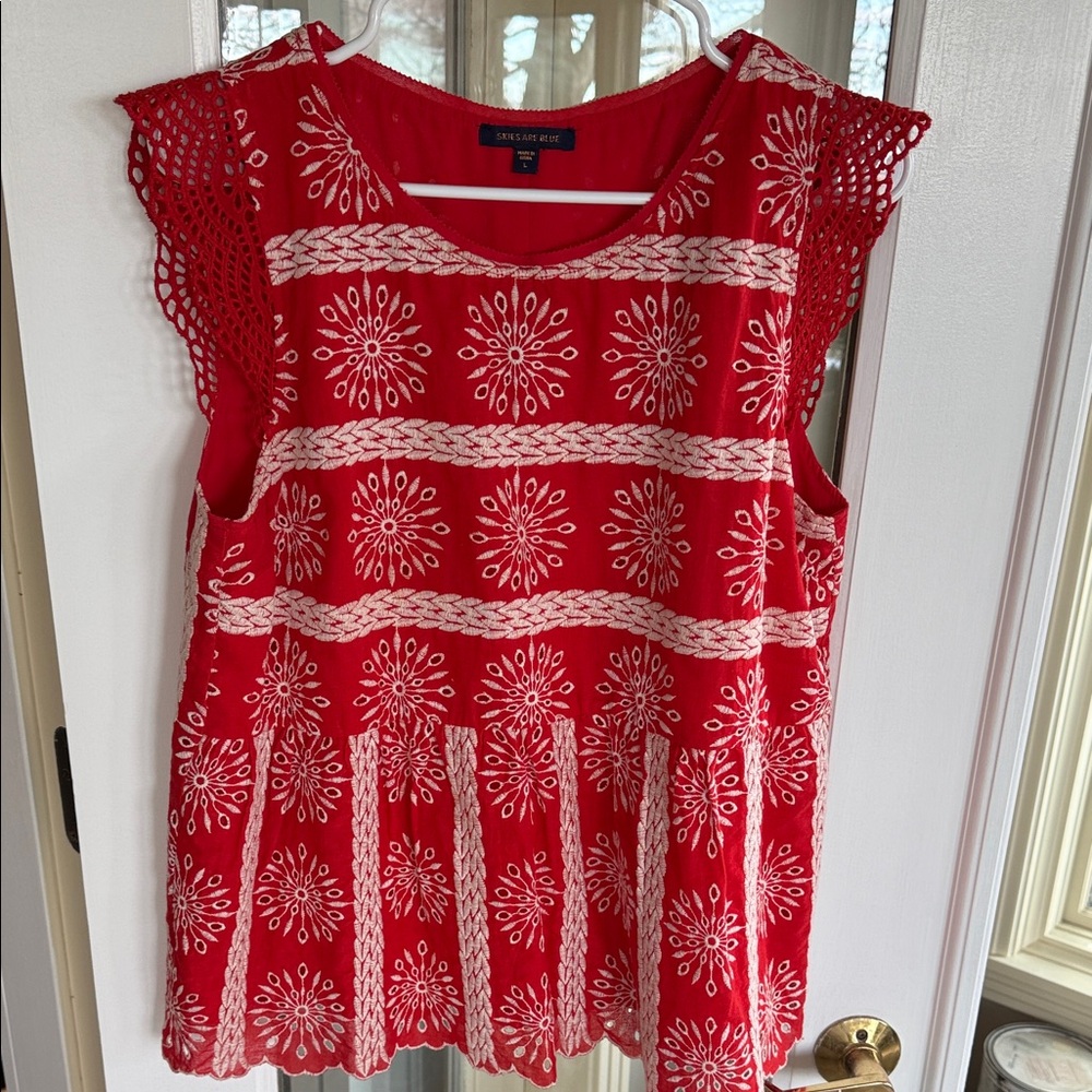 Skies Are Blue Red and White Embroidered Blouse